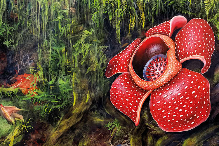 Foto Rafflesia dalam habitat alami di hutan tropis, terlihat mekar penuh di bawah kanopi hutan lebat, menggambarkan keunikan dan keindahan langka bunga parasit ini