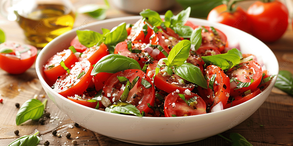 Sepiring salad tomat segar dengan warna cerah, dipadukan dengan dressing minyak zaitun